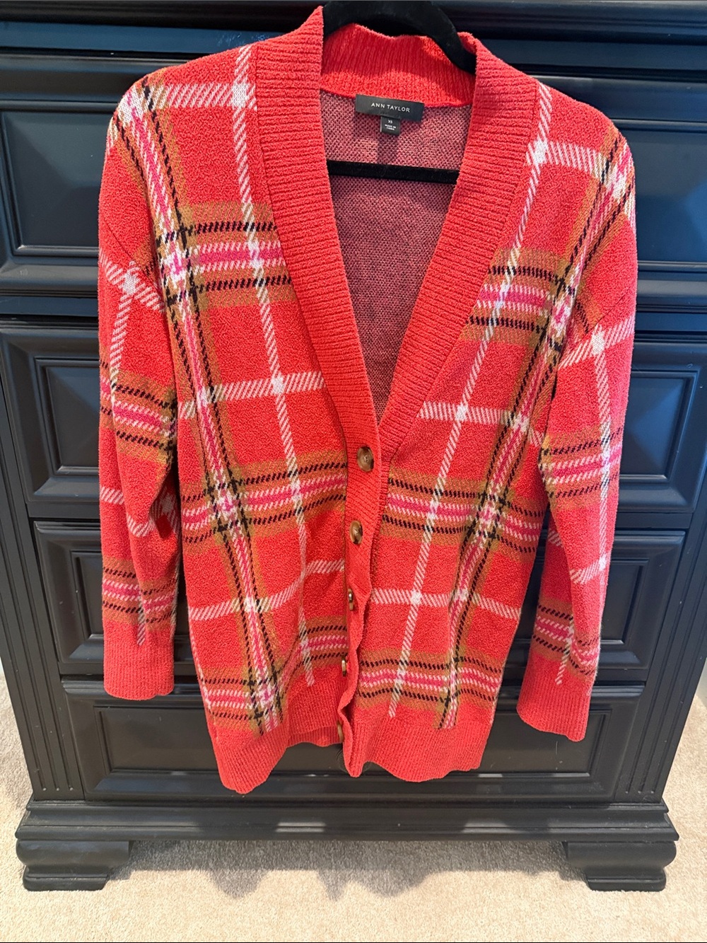 Ann Taylor Red Plaid V-Neck Button Cardigan